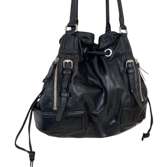 Cole Haan Drawstring Hobo Bag Black Leather Large Shoulder Bag Silver Hardware - Picture 3 of 16